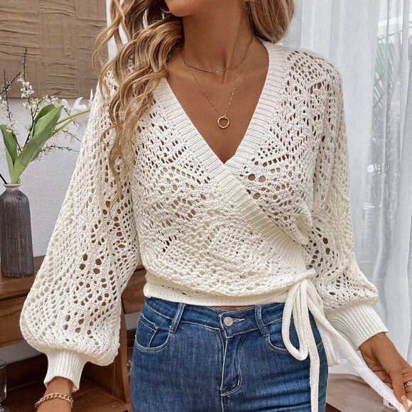 Beige Casual Women's Lantern Sleeve V Neck Knot Side Pointelle Knit Cardigan - Picture 6 of 8